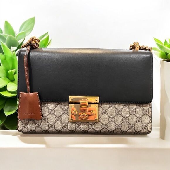 GUCCI 
GG Supreme Monogram Calfskin Padlock Shoulder Bag Beige Black - Picture 1 of 11